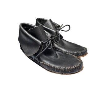 Handmade Black Leather Moccasin Boots Ankle Lace Up Whipstitch Women 9.5 Men 8